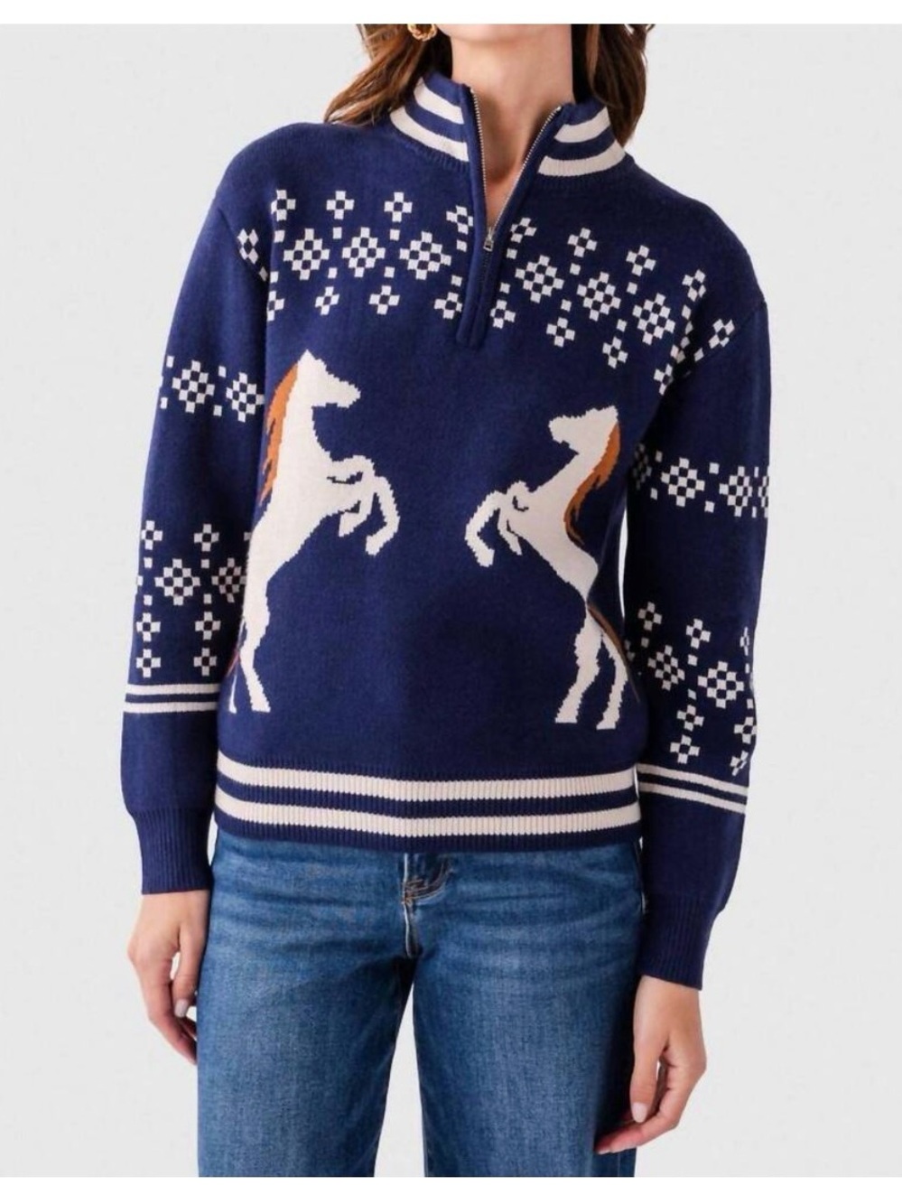 NEW THML Alana Horse Sweater Quarter Zip Novelty Blue Medium